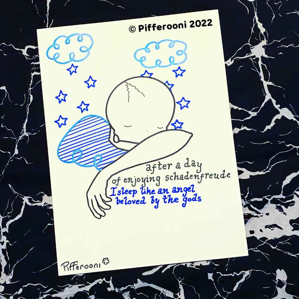 Original SCHADENFREUDE ANGEL cute skull inspirational poetry poster drawing